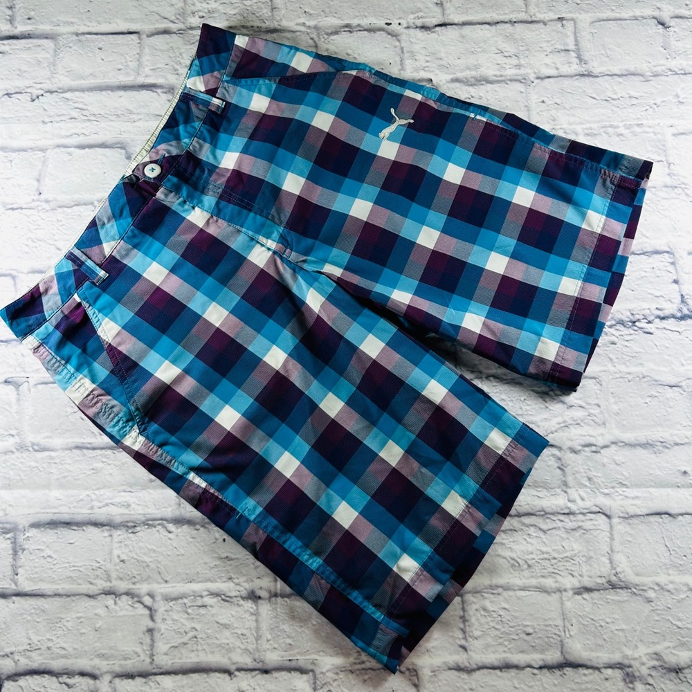 Puma Sportlifestyle Mens Plaid Golf Shorts Blue Purple Checkered Size 32 Stretch